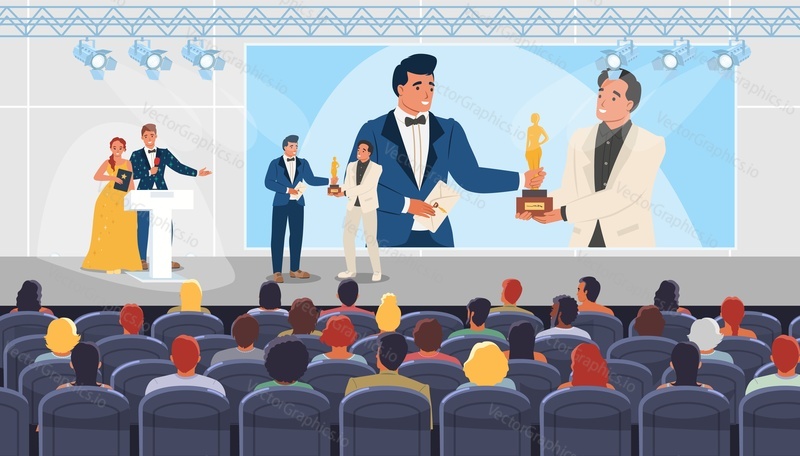 Award event on stage with beautiful people vector illustration. Famous actor getting golden prize reward, hosts at podium holding ceremony announcing cinema festival winner scene