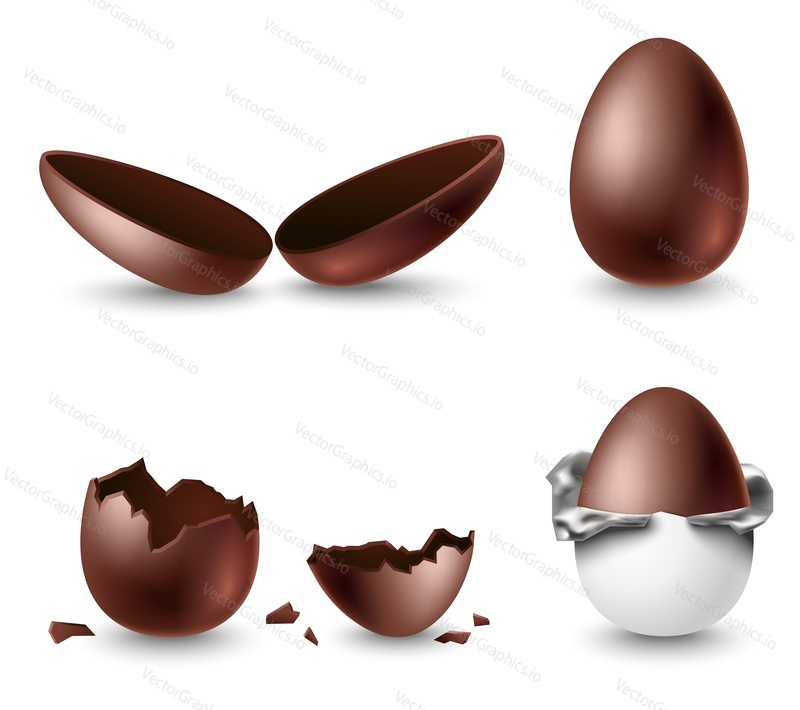 Векторная иллюстрация сладких шоколадных яиц. Вкусный набор традиционных сладких кондитерских изделий в изоляции. Вкусные шоколадные десерты коричневого цвета. Целые, разрезанные пополам и завернутые в подарочную упаковку из фольги