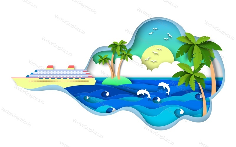 Sea cruise liner in ocean over tropical island with palm trees and dolphins swimming background. Passenger vessel luxury sailboat floating on water surface at summer papercut vector illustration