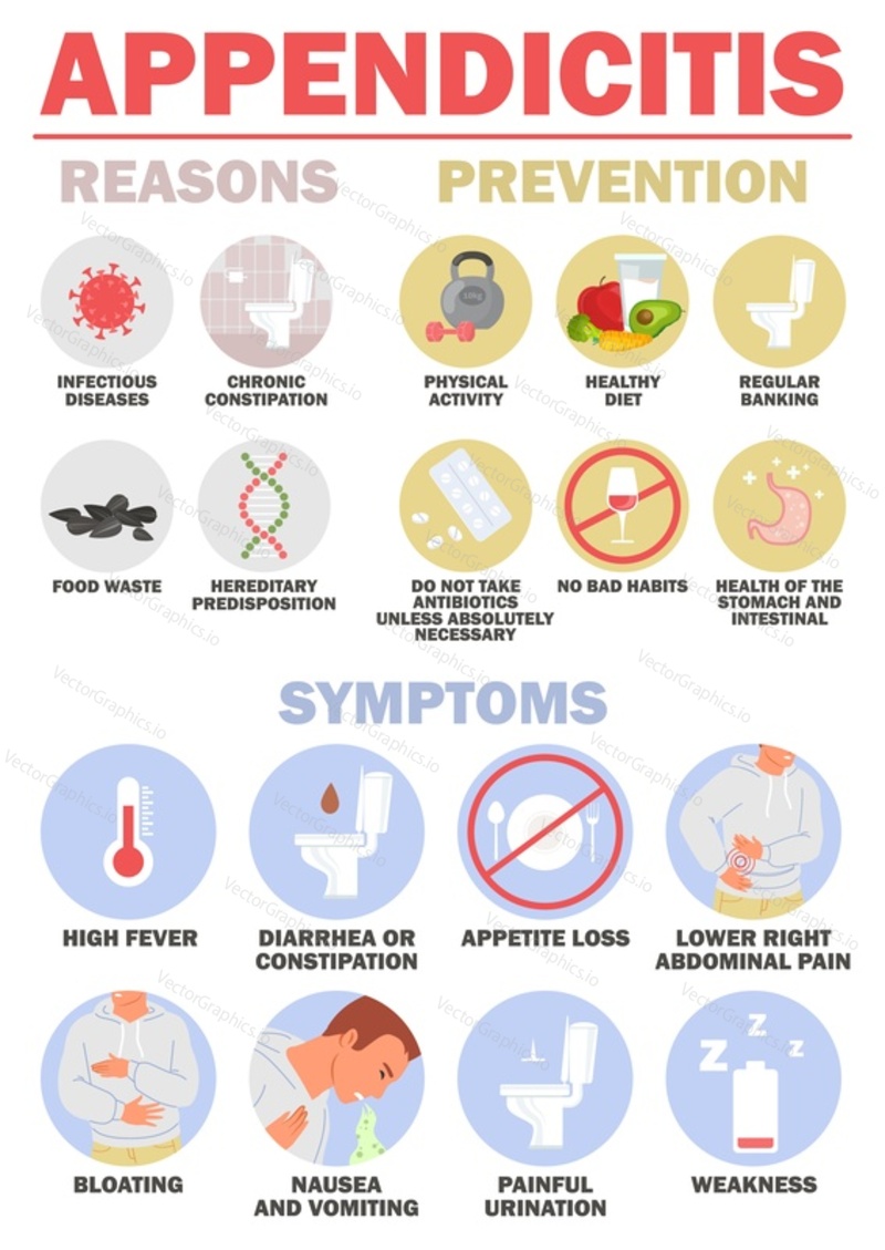 Appendicitis reasons, preventions and symptoms infographic. Abdominal medical disease diagnosis and treatment. Examples scheme with sick patient and health awareness diagram vector illustration