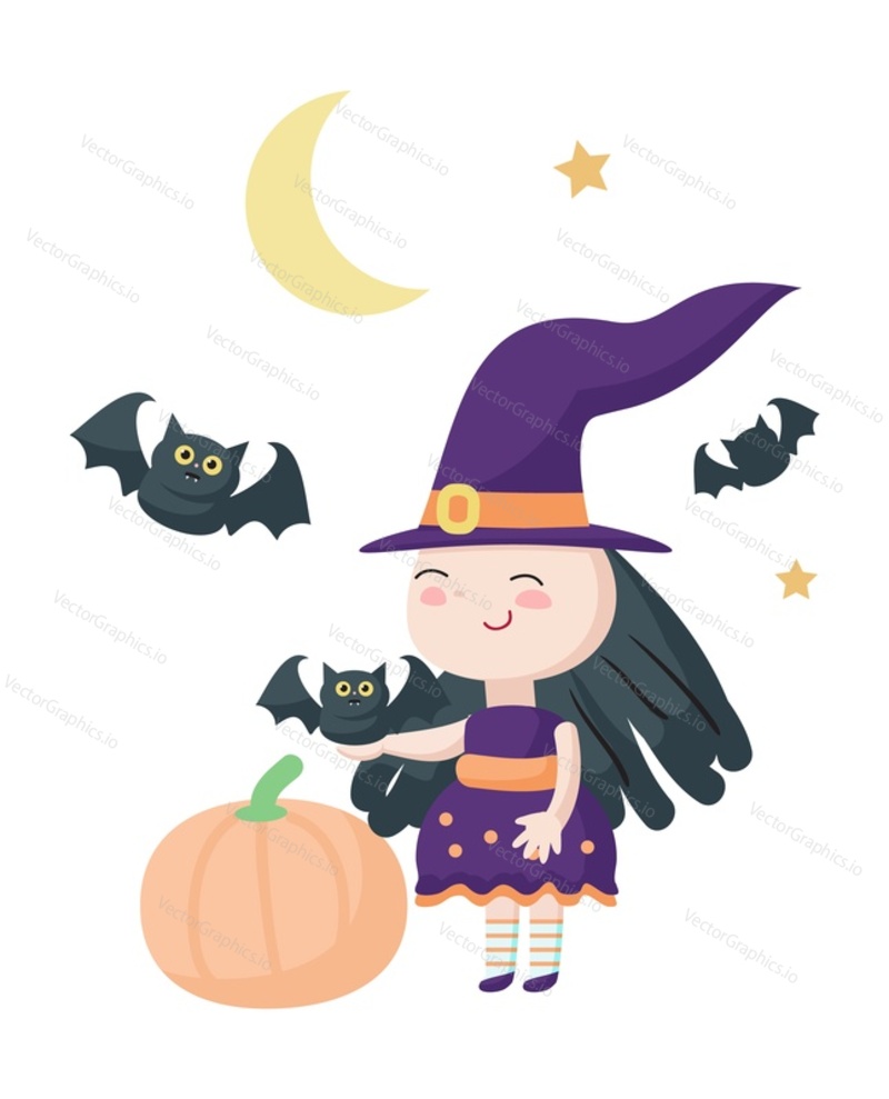 Cute charmed little witch with pumpkin and bats vector illustration. Happy Halloween autumn carnival party celebration concept