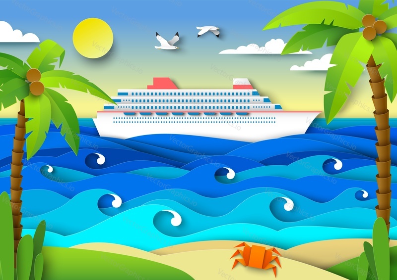 Sea voyage on luxury cruise liner vector illustration in creative papercut style. Tropical sand beach with palm trees over seascape background with touristic passenger ship