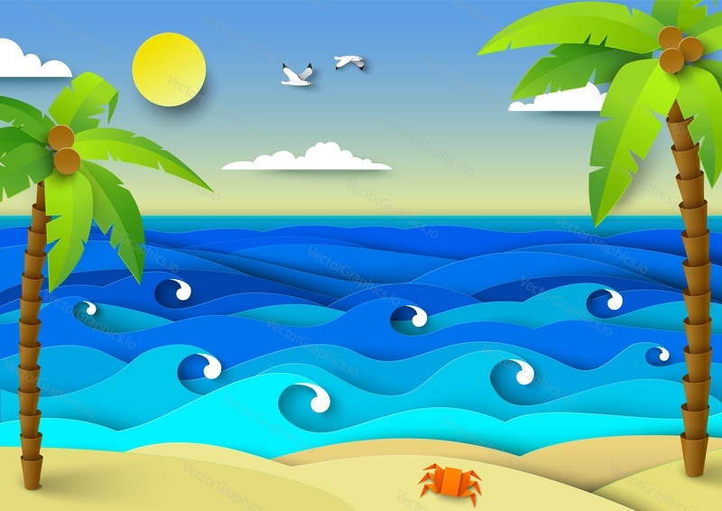 Sea tropical beach summer background. Seashore with palm tree and sand, water waves splashing in papercut vector illustration. Travel and vacation concept