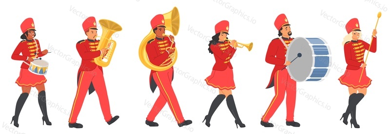 Взрослый персонаж военного оркестра, одетый в праздничную красную униформу, марширует, играя на музыкальном инструменте, векторная иллюстрация изолирована на белом фоне. Концепция общественного мероприятия 