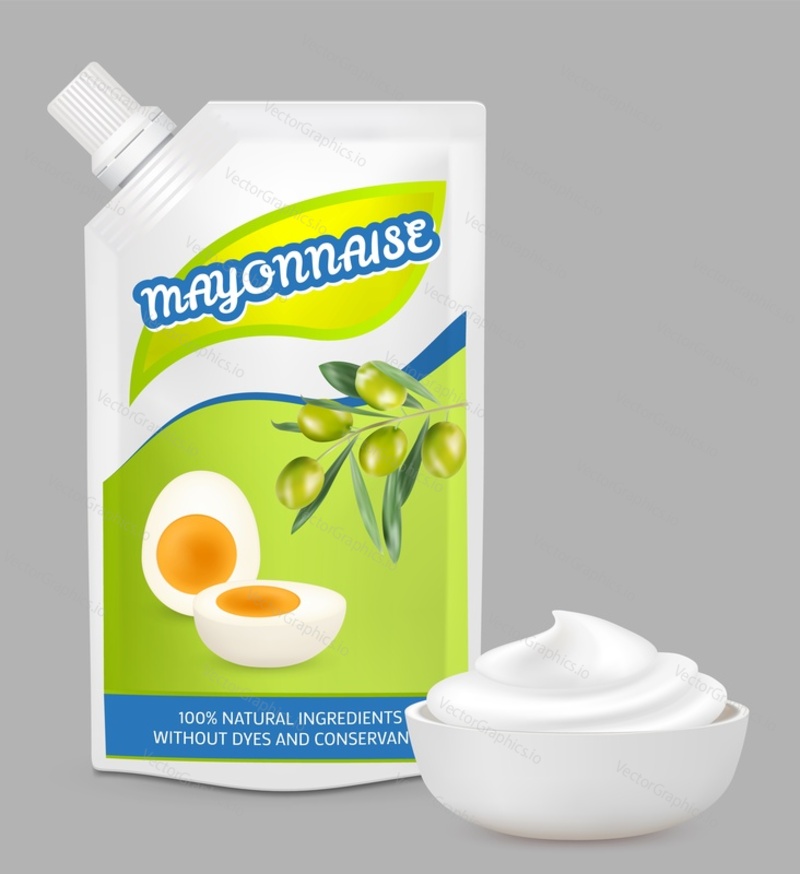 Mayonnaise sauce soft food pack and bowl plate design vector illustration. Natural organic mayo cream for fastfood snack pouch package mockup for advertisement and merchandise