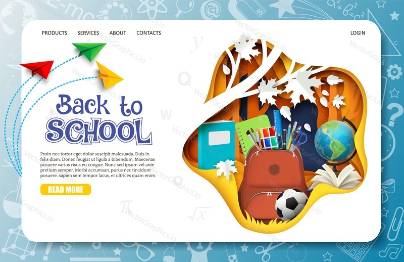 Back to school landing page design template for online education service, e-learning class and training courses for children. Website with studying supplies in papercut craft style