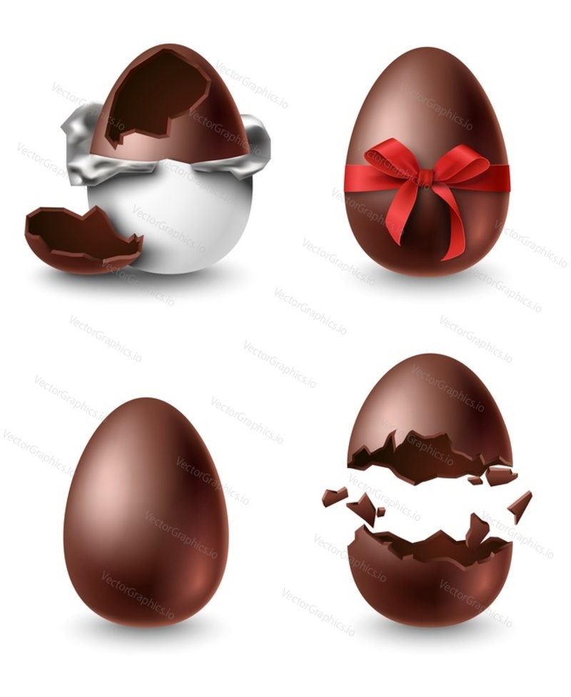 Реалистичные шоколадные яйца. Целые, разломанные, взорванные, украшенные бантом, завернутые в фольгу векторные иллюстрации из яичной скорлупы. Пасхальное кондитерское сладкое угощение, выделенное на белом фоне