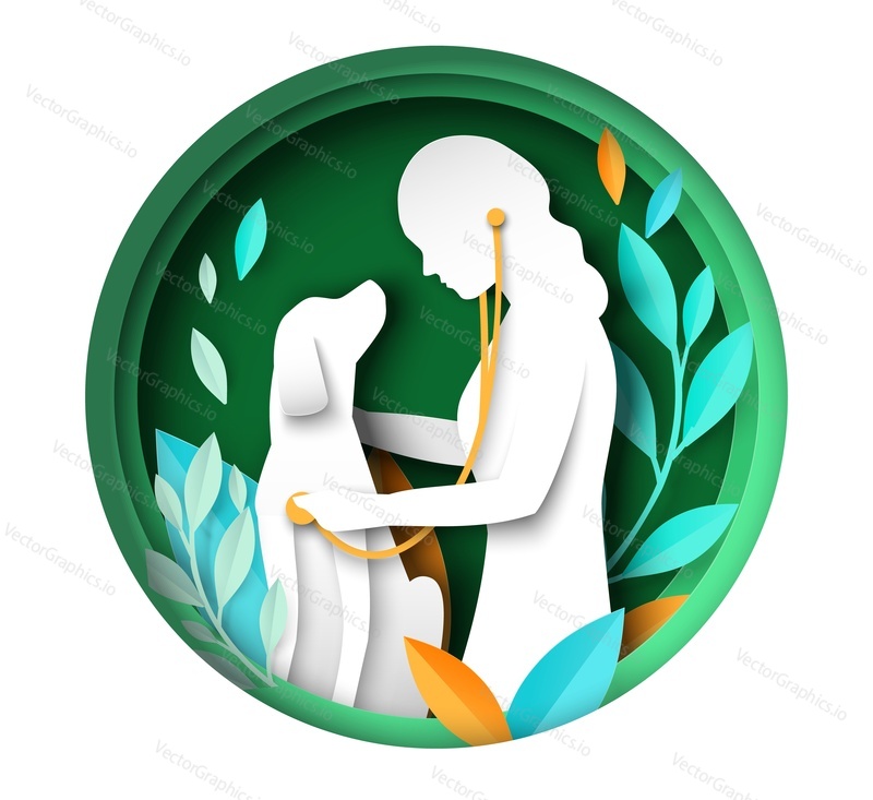 Veterinarian examining dog paper cut silhouette in round creative natural frame vector illustration. Veterinary clinic and healthcare service or domestic animals concept