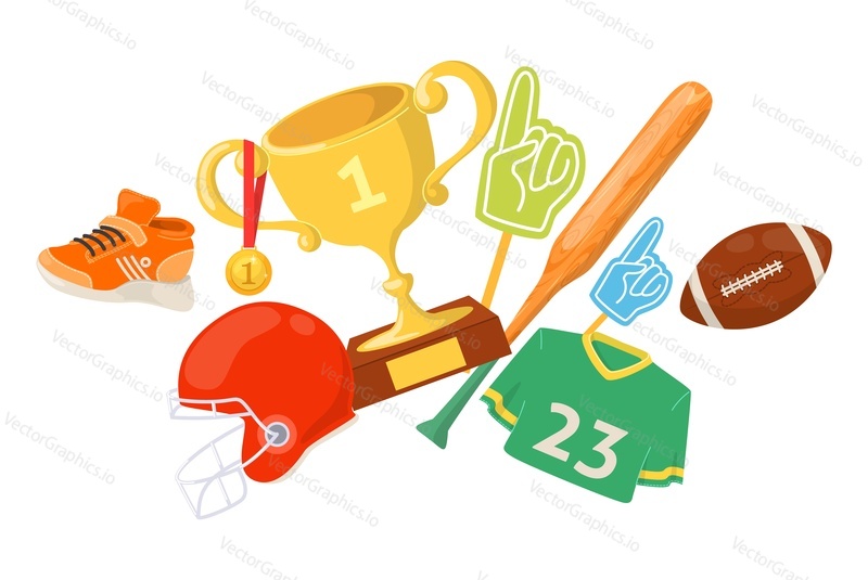 Professional traditional american sport, training and reward prize staff vector poster. Baseball and rugby football promotion illustration. Banner for sportive club, online class and school