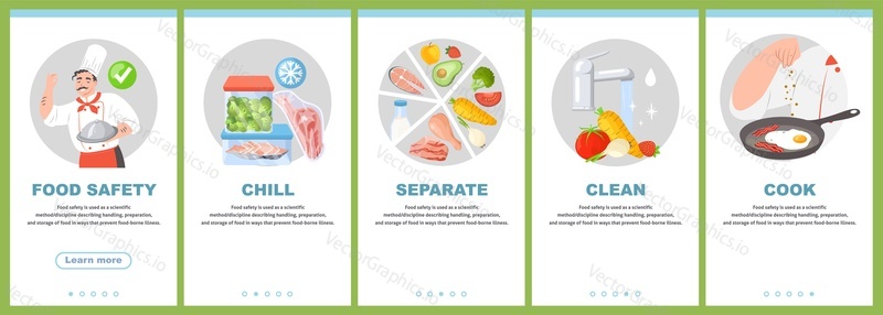 Food safety onboarding mobile app page template set. Meal chill, separate, clean and cook phone screen application vector illustration. Foodborne disease prevention concept
