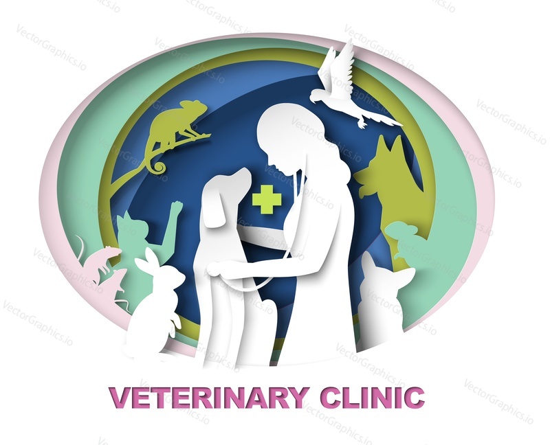 Рекламный плакат ветеринарной клиники в стиле вырезки из бумаги. Женщина-врач лечит собаку в окружении различных домашних животных векторная иллюстрация