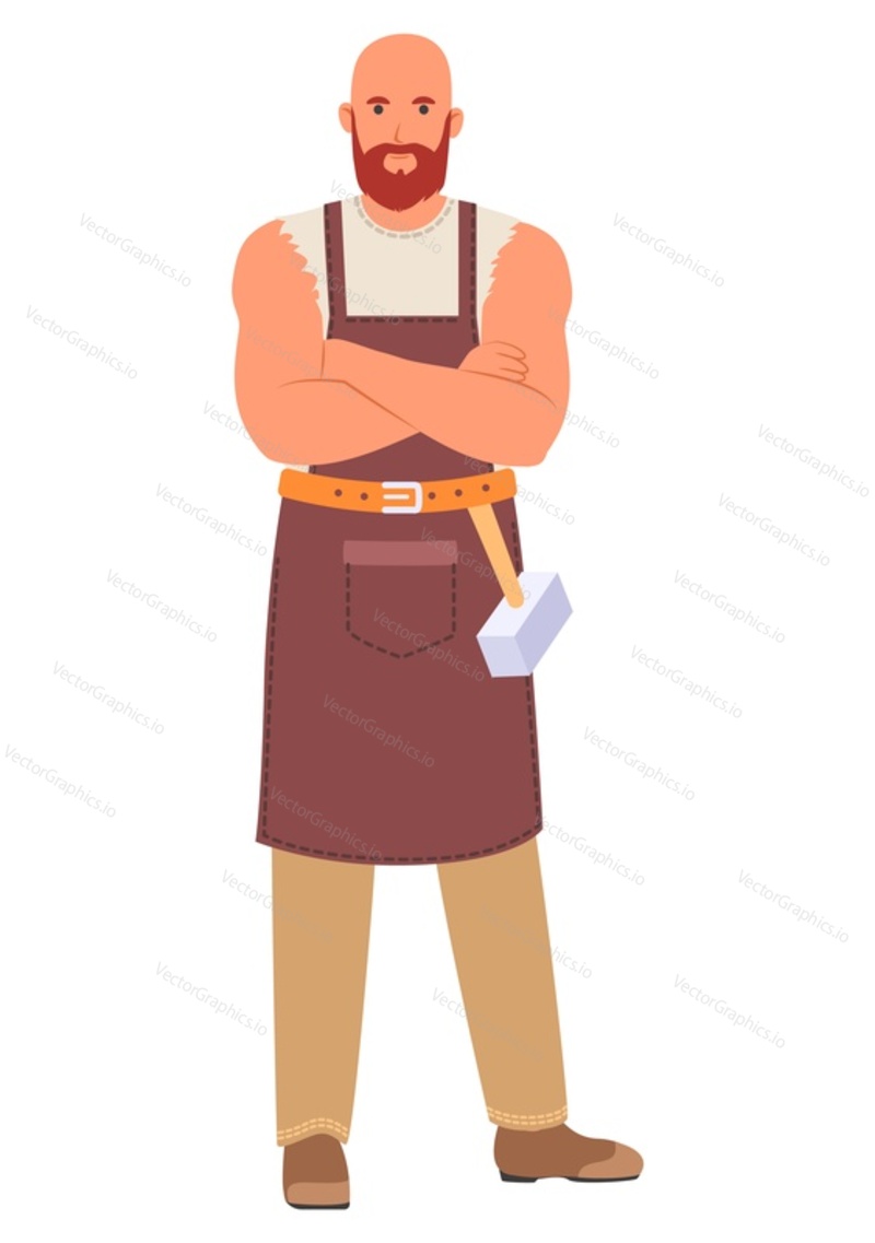 Blacksmith character wearing in apron standing with hammer on belt vector illustration. Foundry workshop worker isolated on white background