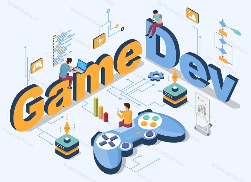 NFT game development company office open space isometric 3d vector illustration. Group of people software developers programming code using laptop computer at workplaces