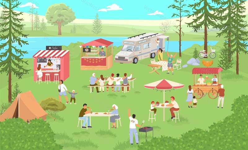 Food festival in forest park vector illustration with people eating delicious meal, spending leisure time and having fun on weekend holiday