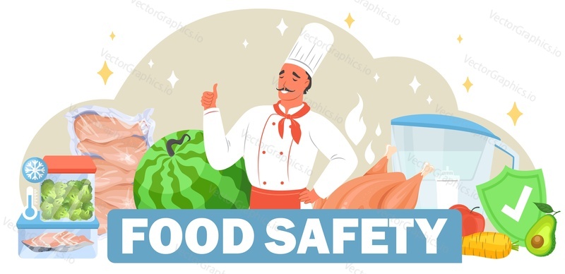 Food safety poster with happy male chef character in uniform among healthy natural fruits and vegetables vector illustration. High quality meal processing concept