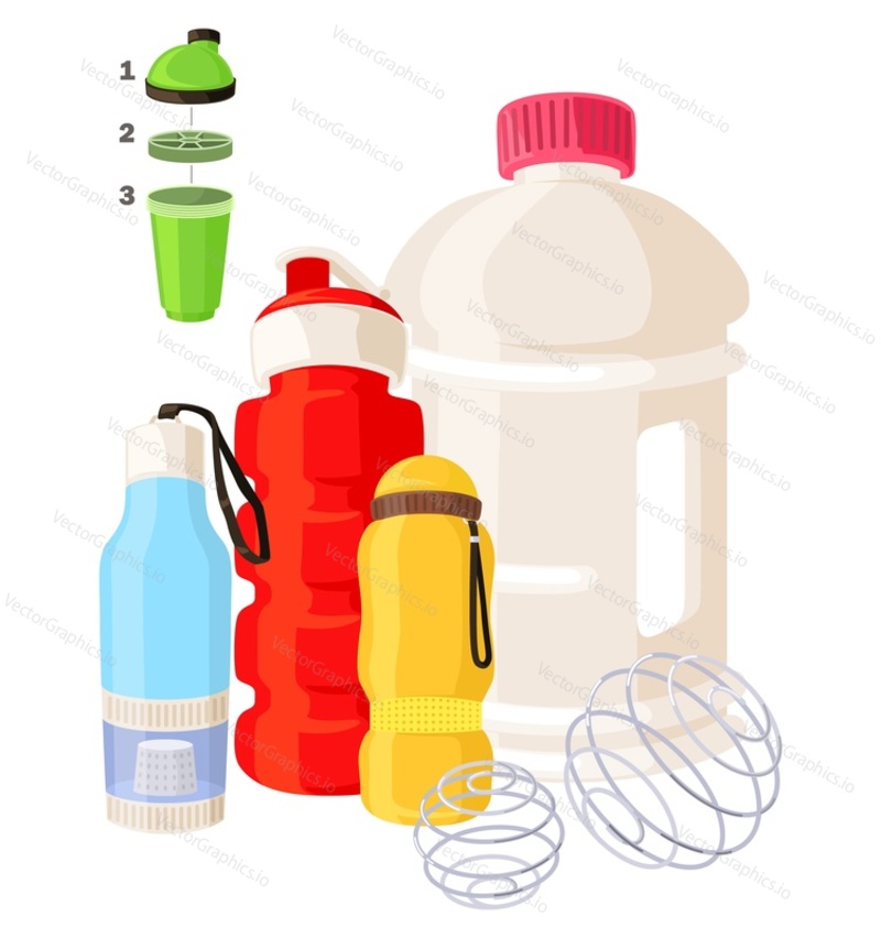 Equipment and accessories for sports nutrition, fitness supplements, protein cocktail and replenish body vitamin preparation vector illustration. Various bottle and shakers, guide steps of using for cooking