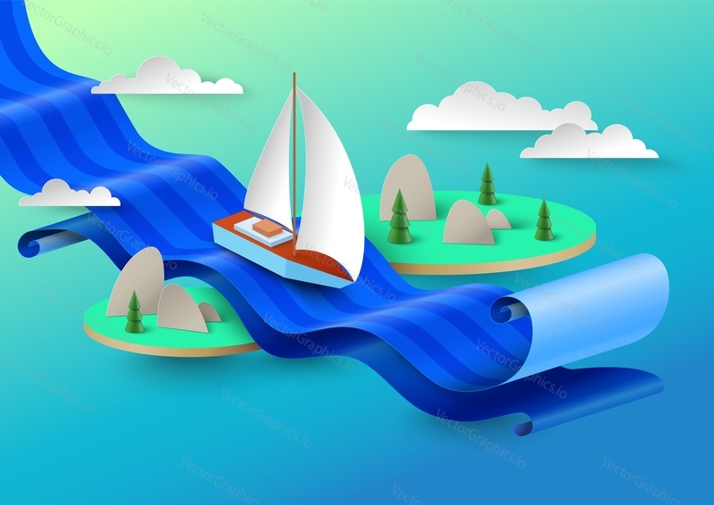 Sea voyage on sailboat vector illustration in papercut style. Creative water waves and floating yacht among tropical islands with fir tree and mountains hills background