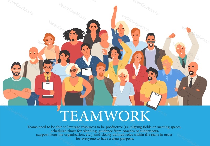 Teamwork motivation poster with people business partners and colleagues together. Unity and support between coworkers, common target and collaboration vector illustration