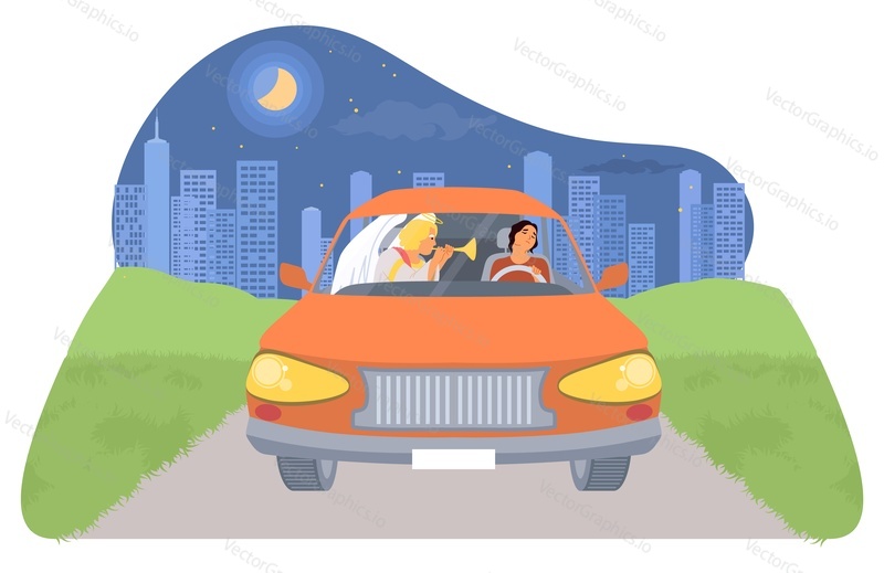 Holy angel keeper saving life of woman falling asleep at steering wheel while driving car at night on city highway vector illustration. Defense and protection from accident on road