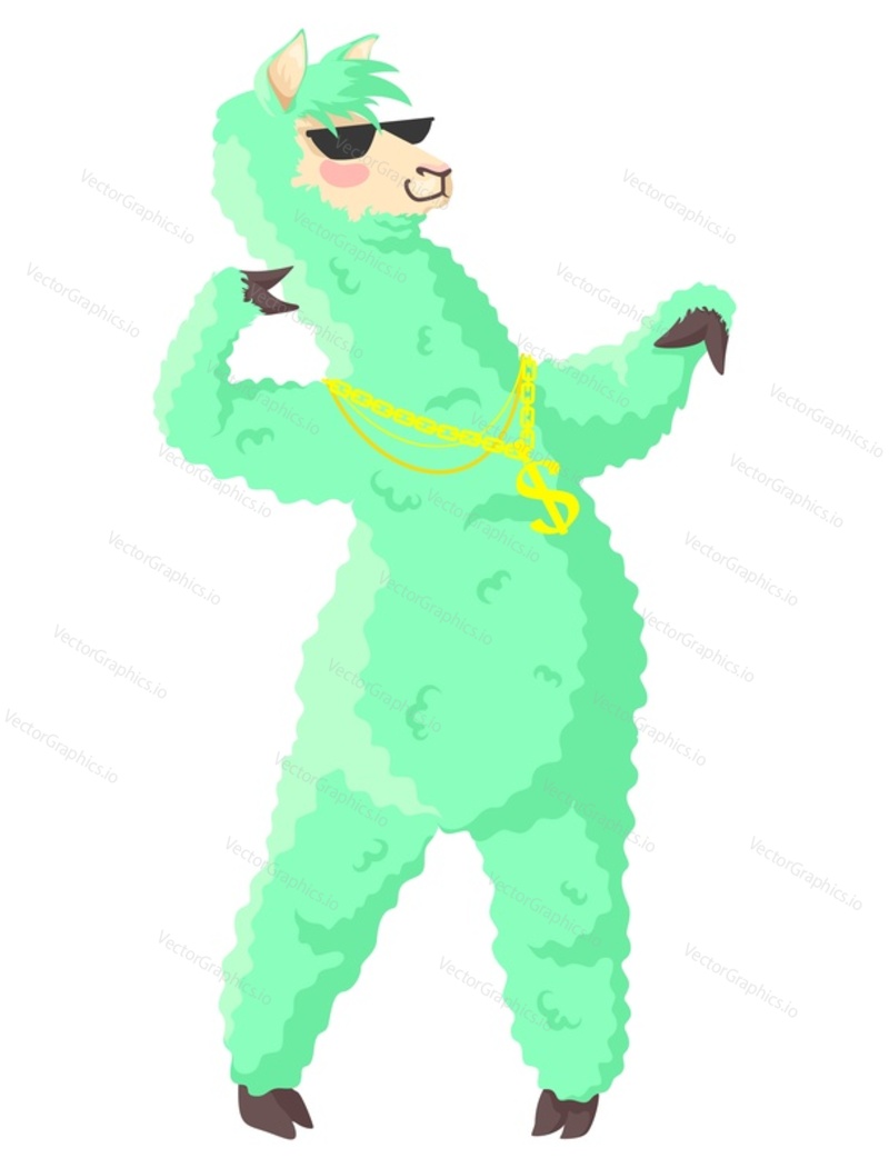 Cool llama alpaca character flat vector icon. Funny lama rapper emoticon isolated on white background. Cute funky animal wearing sunglasses illustration