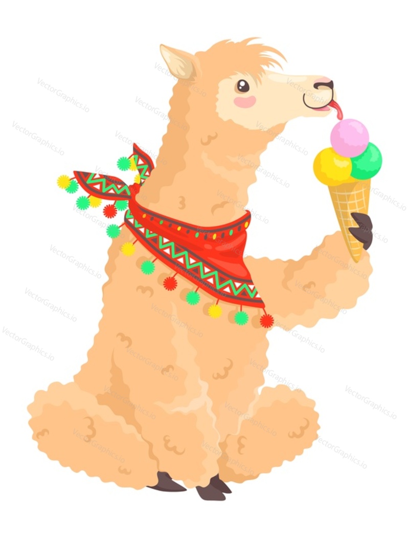 Cute llama alpaca leaking ice-cream flat vector icon. Funny cartoong animal character eating sweet cool dessert isolated on white background