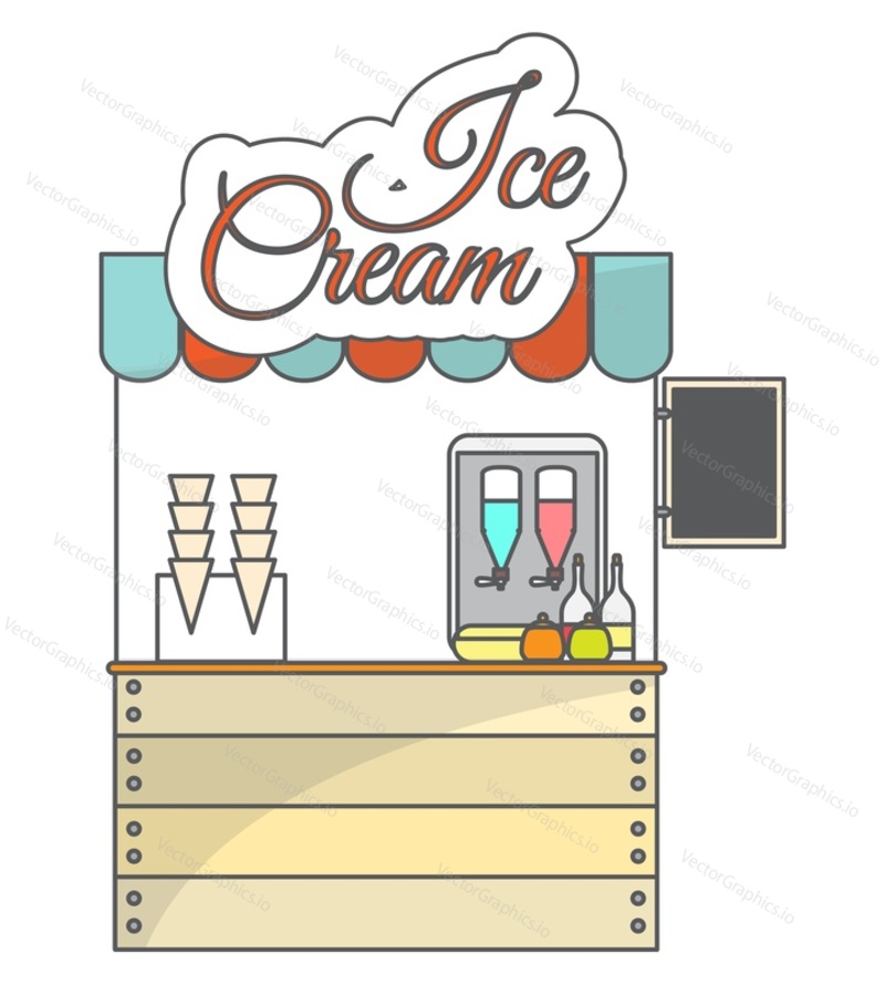 Vector ice-cream local street market flat illustration. Takeaway fast food shop isolated on white background. Public kiosk offering cold dessert for refreshment. Small business concept