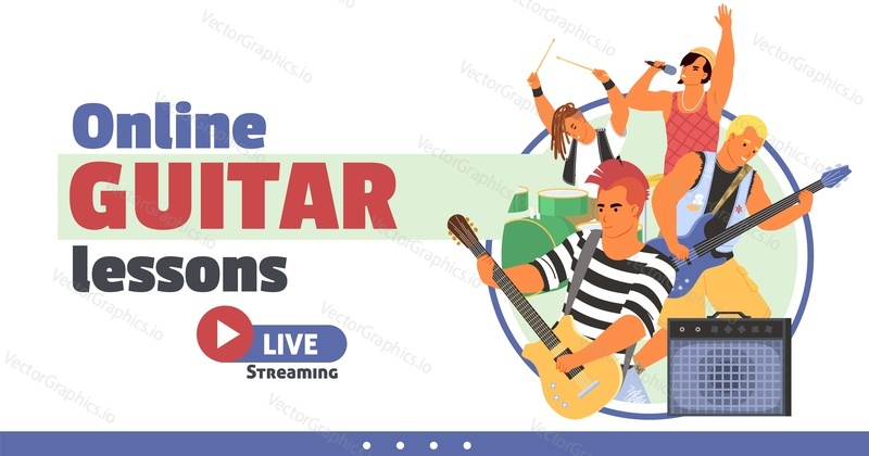 Online guitar lessons, music live streaming web service vector illustration. Landing page design template with expressive crazy rockers playing musical instrument