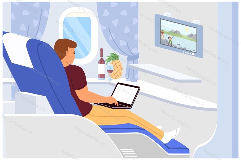 Vector man vip passenger of business class inside airplane illustration. Businessman freelancer working on laptop online drinking wine eating pineapple. Comfort aircraft travel concept