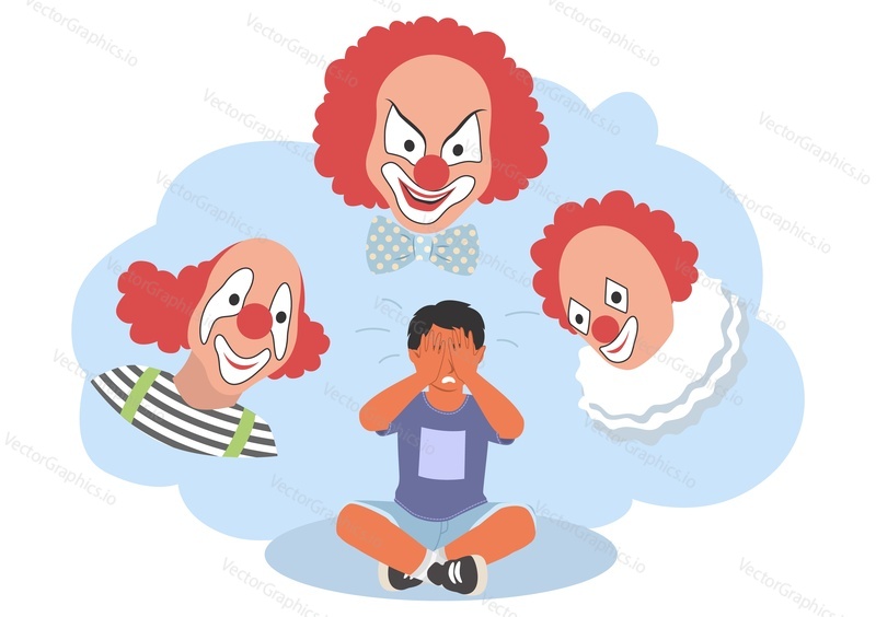 Child fears vector. Little boy afraid of clowns illustration. Cute kid crying scared of creepy face of harlequins. Children phobia and nightmare