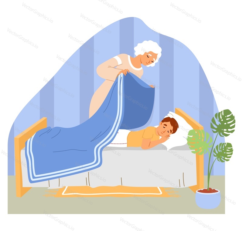 Mom caring for sleeping kid in bed vector illustration. Mother covering son with blanket feeling love and adoration. Loving family relationship and parenting concept