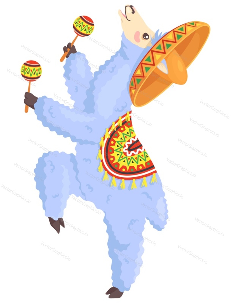 Cute llama alpaca maracas isolated vector illustration. Happy cartoon animal character playing folk Mexican musician instrument isolated on white background