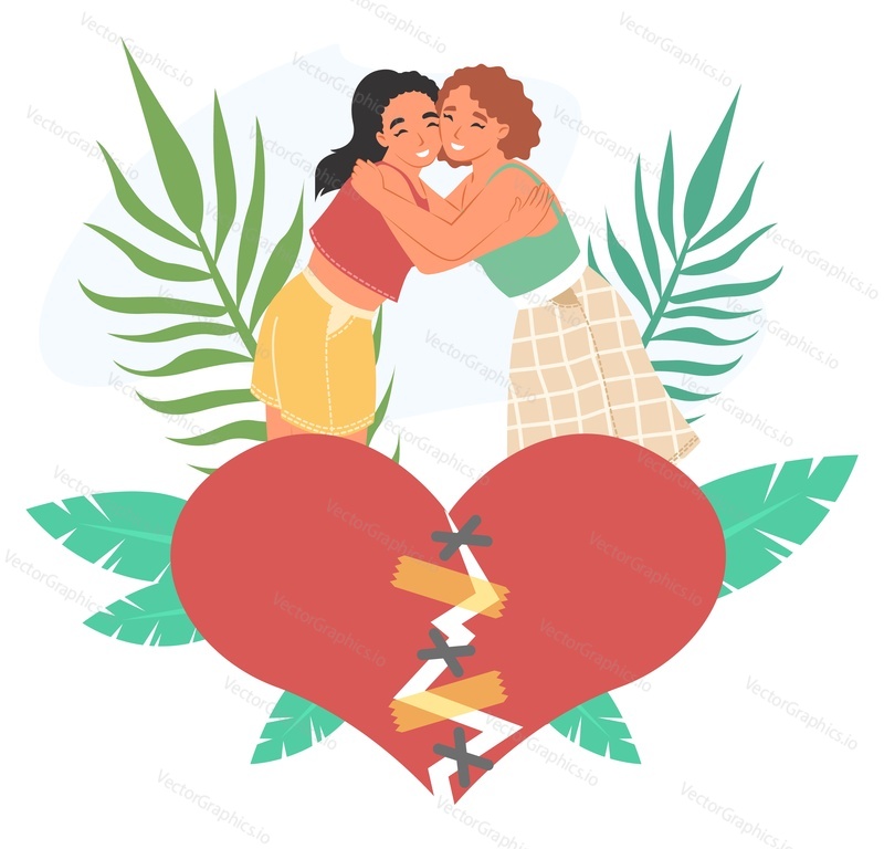 Two women couple connecting heart halves vector scene. LGBT couple reconciliation and self acceptance concept. Happy females standing and hugging near big broken red heart illustration