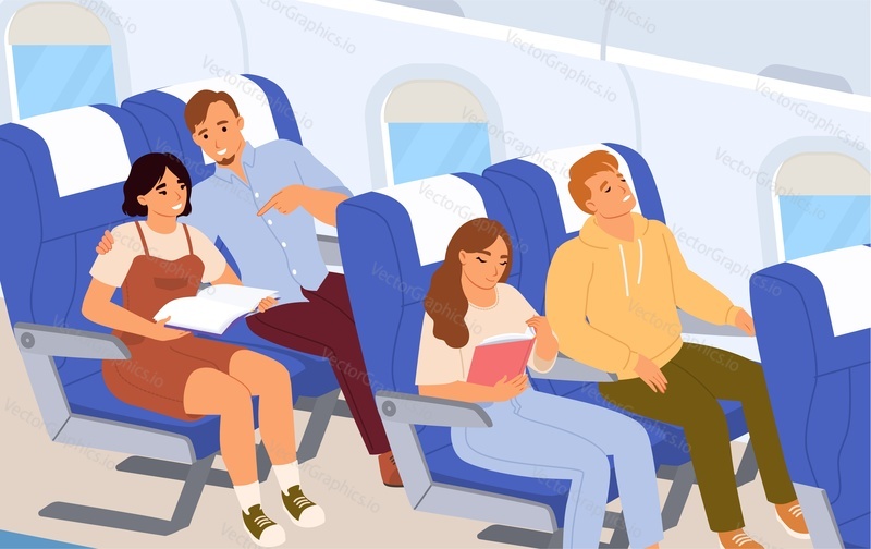 Passengers on plane board flat vector illustration. Cartoon people traveling abroad by airplane. Air public transport. Tourists going on vacation, business trip. Travelers relaxing in aircraft seats