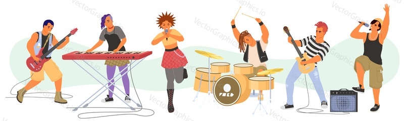 Punk rock band male and female characters playing music instrument and singing in microphone vector illustration. Talented artists performing isolated on white background