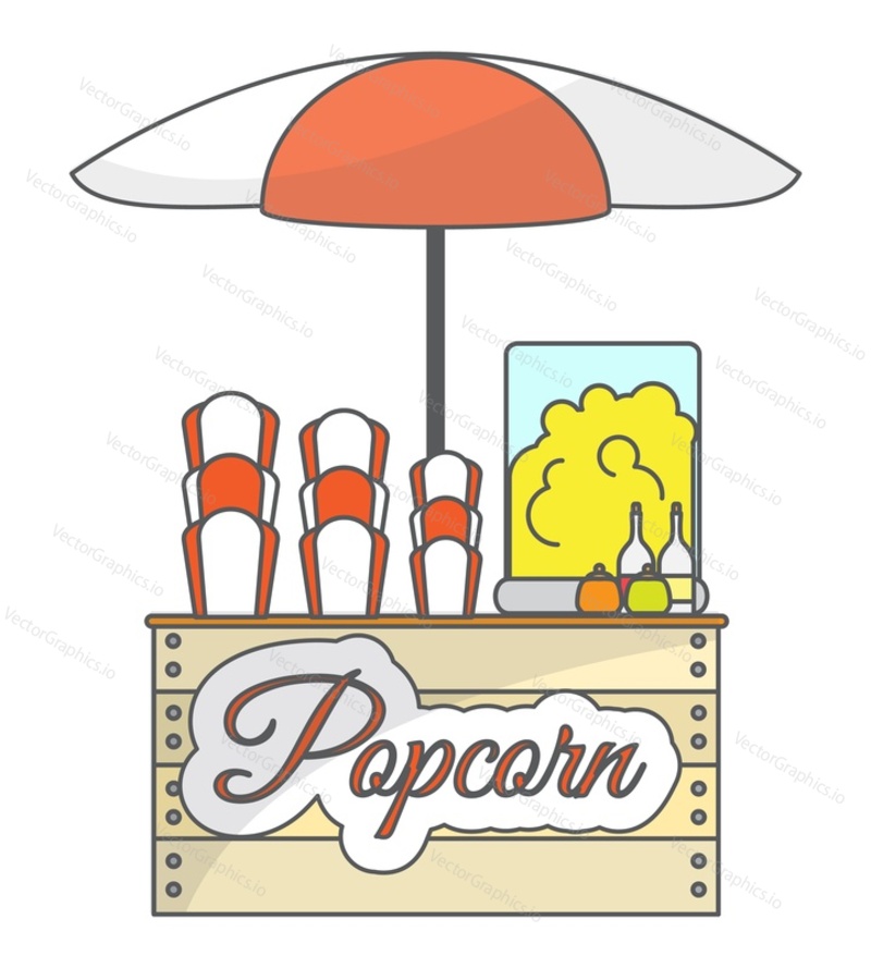 Vector popcorn local street market flat illustration. Takeaway fast food shop isolated on white background. Small business concept