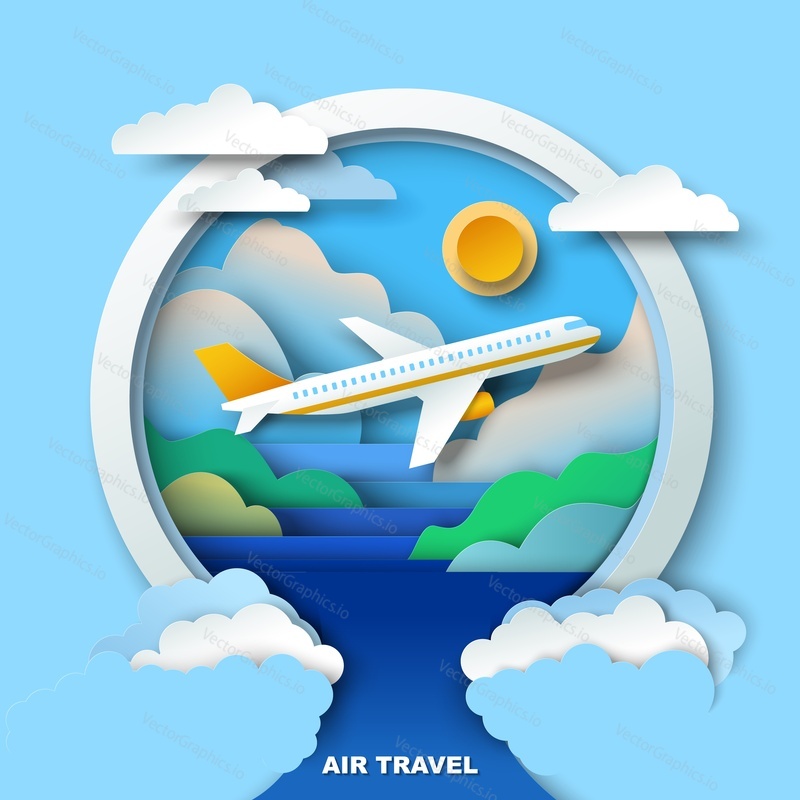 Air travel and tourism vector with view on plane flying over natural landscape moving through clouds paper cut craft style illustration. Transport and transportation, business vacation and adventure concept