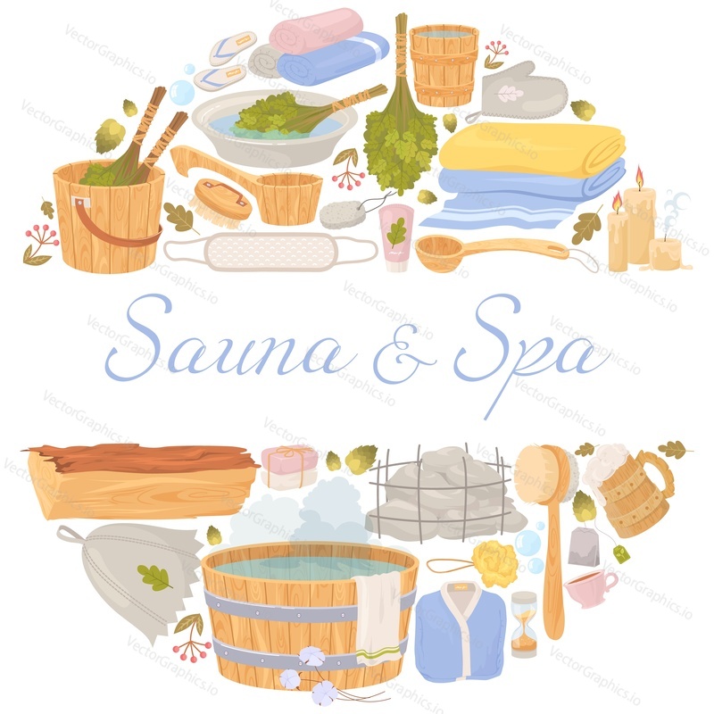 Sauna and spa advertising poster vector illustration with different tools and equipment. Round composition with wooden tub with hot water, ladle or spoon, folded stack of towels, oak brooms and brush