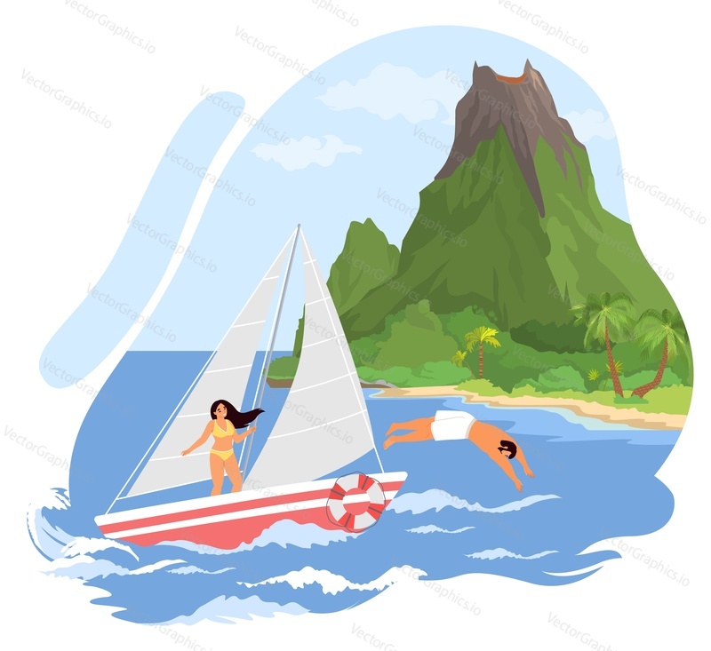 Молодые люди, пара мужчин и женщин, вместе катающиеся на яхте неподалеку от тропического побережья, векторная иллюстрация. Водные приключения, водные экстремальные виды спорта во время летних каникул