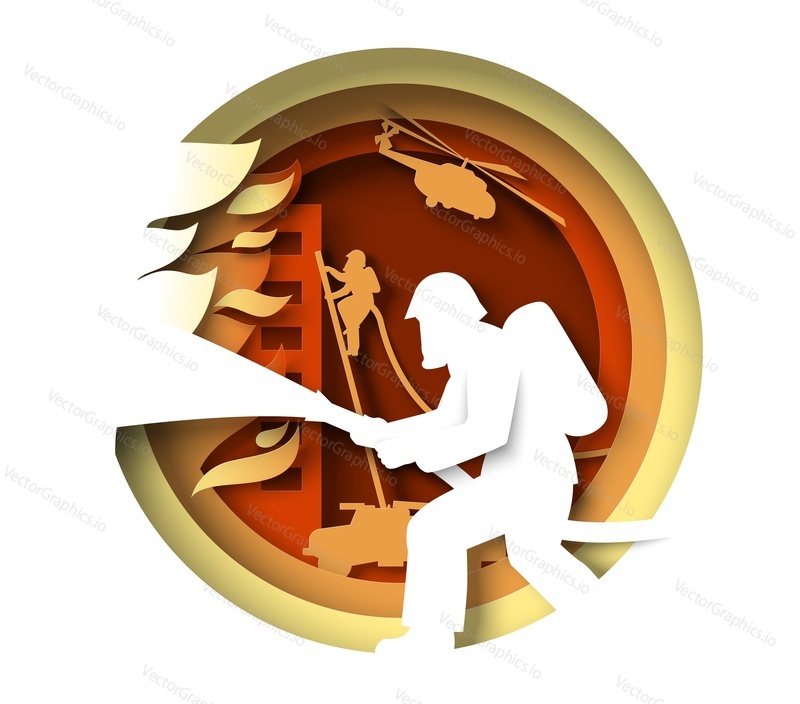 Firefighter vector. Fireman rescue team using extinguisher hose pouring water on fire paper cut 3d icon. Emergency help, firefighting and teamwork illustration
