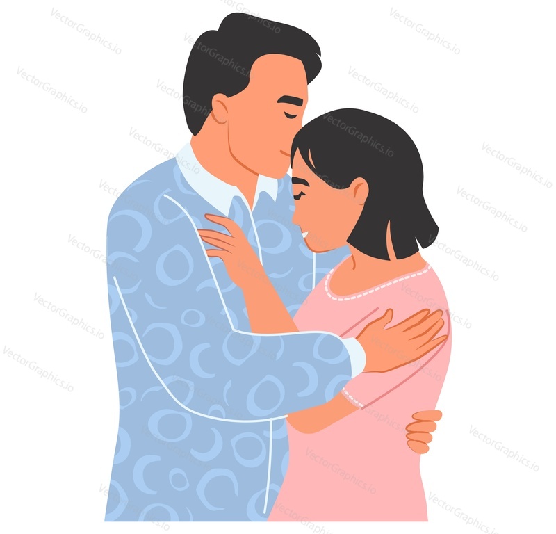 Векторная иллюстрация обнимающейся влюбленной пары. Мужчина и женщина обнимают друг друга, стоя вместе изолированно на белом фоне. Концепция счастливой семьи, романтических отношений и примирения