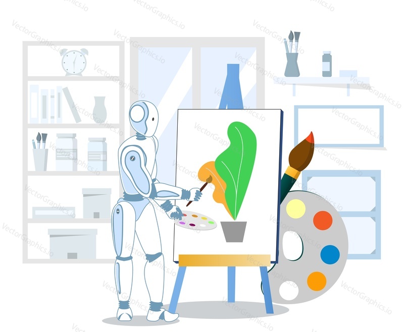 AI drawing to create or generate artwork vector illustration. Cartoon robot painting on canvas easel using paintbrush. Artificial intelligence generated picture image concept