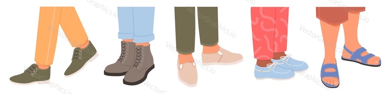 Мужские ноги, одетые в различную обувь, векторная иллюстрация. Сезонная обувь, такая как сапоги, мокасины, шлепанцы на мужской ноге, выделенная на белом фоне. Повседневная и элегантная мода на обувь