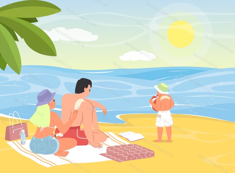 Happy family enjoying summer vacation on beach vector illustration. Man and woman married couple with child rest at seaside of tropical resort cartoon. People activity on holiday