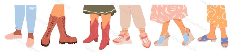 Женская обувь разных типов векторная иллюстрация. Модная повседневная, стильная элегантная гламурная и официальная обувь на женской ноге, выделенная на белом фоне