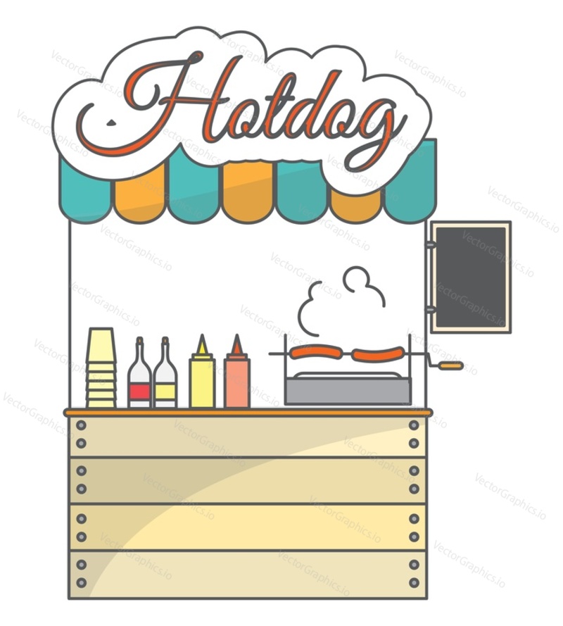 Векторная плоская иллюстрация местного уличного рынка с хот-догами. Магазин быстрого питания навынос, изолированный на белом фоне. Концепция малого бизнеса