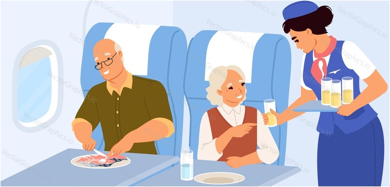 Vector flight attendant serving elderly couple passenger on air plane during aircraft travel illustration. Stewardess character working, hostess offers food drink background