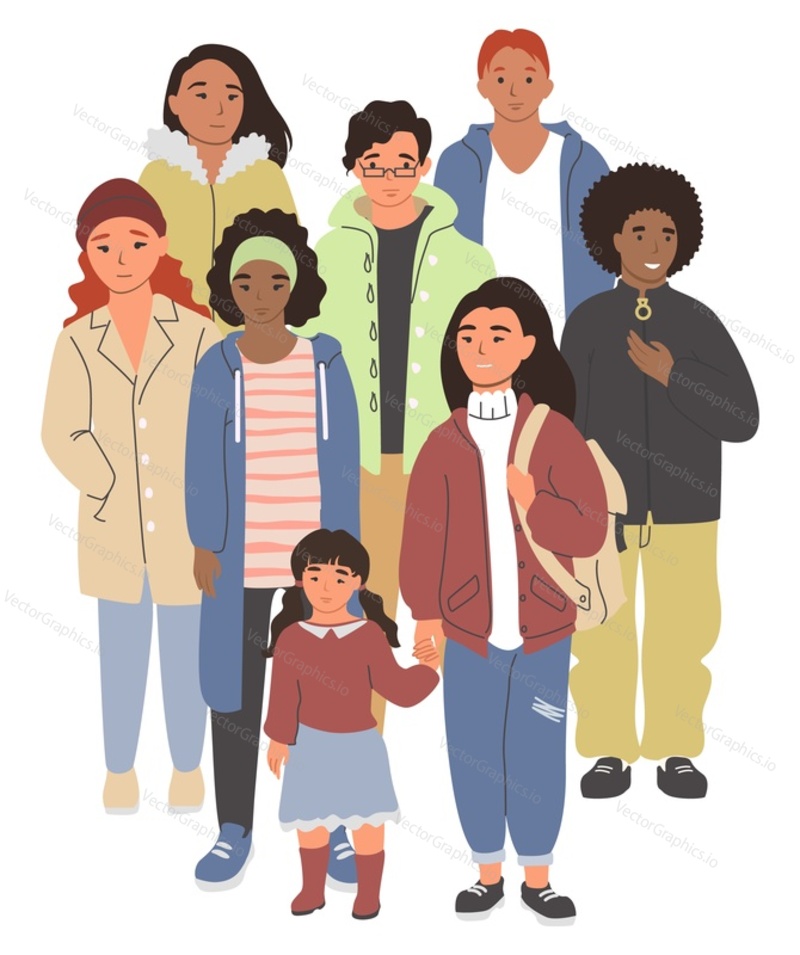 Multiracial people group of different age vector illustration. International society. Unity in diversity, cooperation, friendship concept