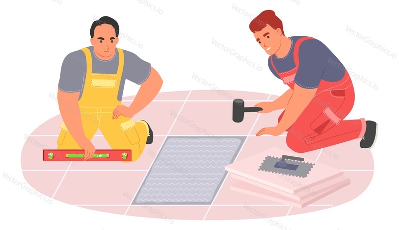 Male expert tiler worker making floor vector illustration. Tile master using tool for professional work putting ceramic material. Home repair service concept