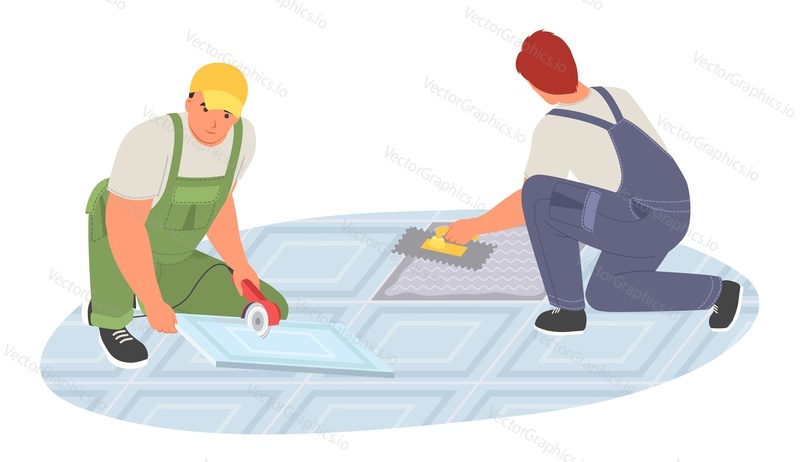 Two tiler workman putting ceramic tile vector illustration. Cheerful man in casual clothes making floor together. Home repair service concept