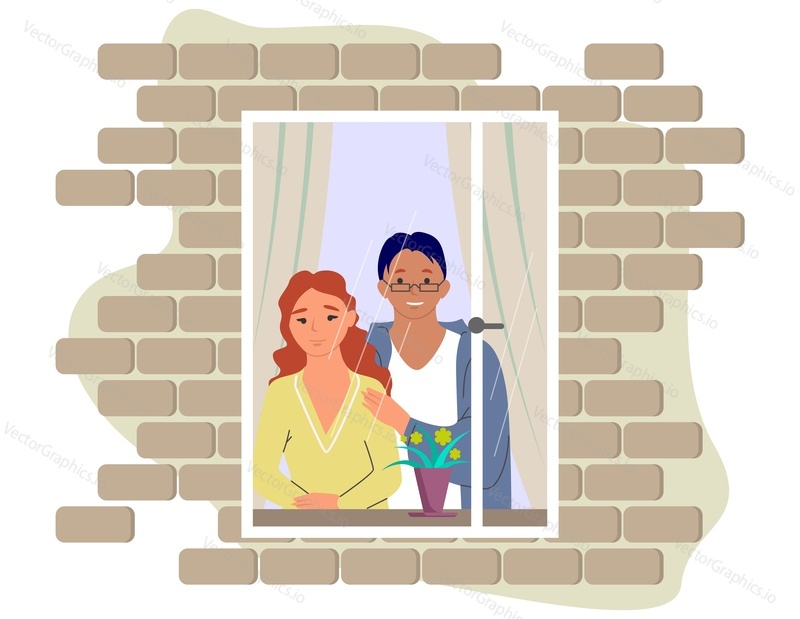 Vector family couple standing at window and looking out illustration. Man and woman at home cartoon. Self-safety time or lockdown decent concept